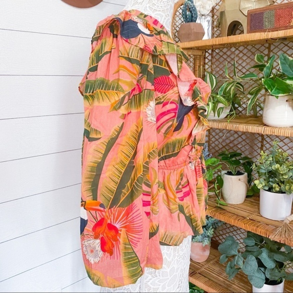 NWT Farm Rio Yasmine Ruffled Blouse Pink Combo Anthropologie Womens Top Tropical - Picture 8 of 14